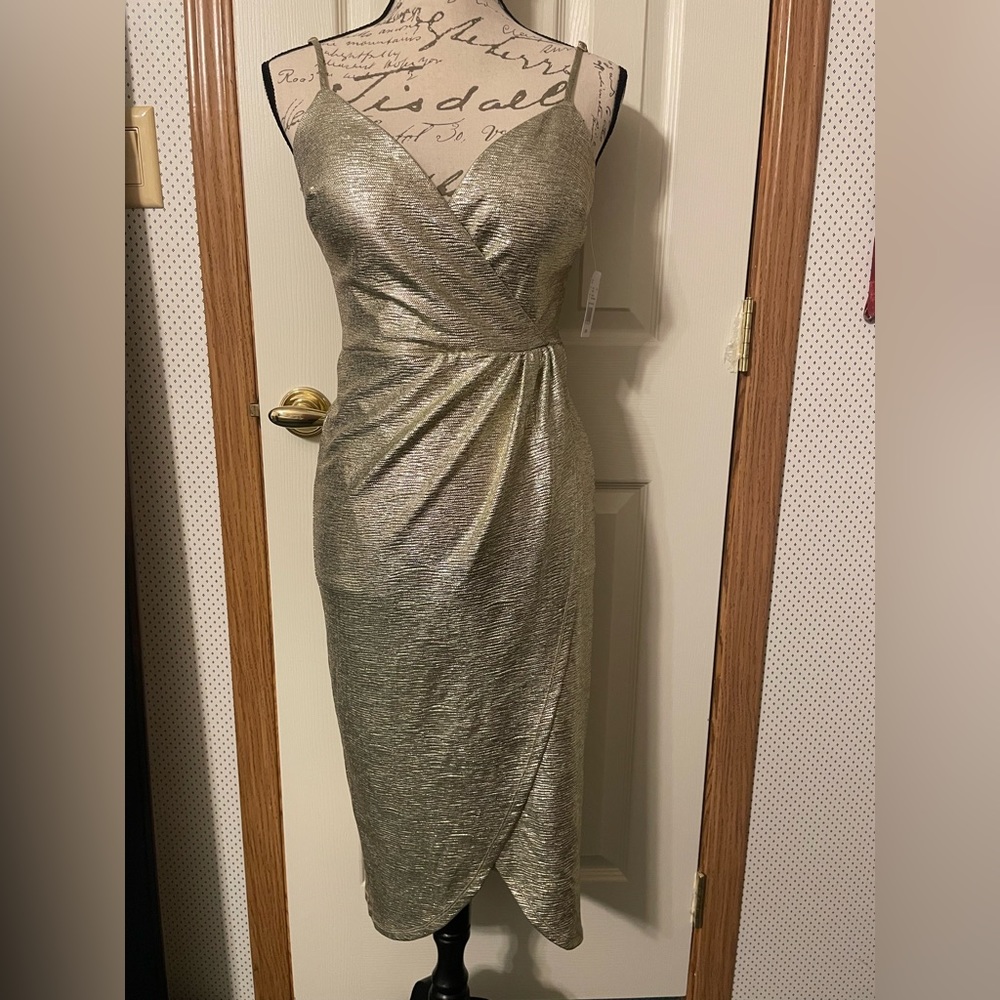 David’s Bridal NWT gold brides maid  dress with split at knee. Size 4